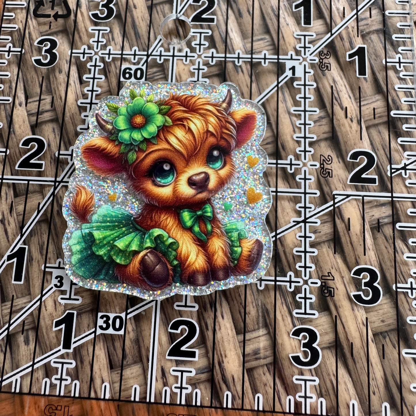 Cute Cow in Green Dress Flatback, Single Pc.