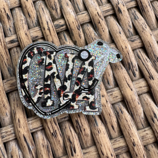 CNA Medical Glitter Flatback, Cheetah Print, Heart, Single Pc.