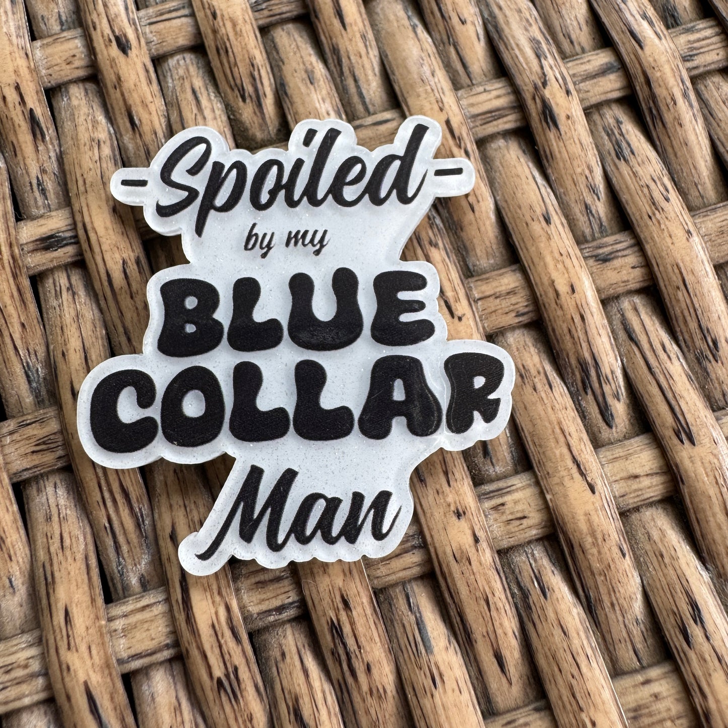 Spoiled By my Blue Collar Man Glitter Flatback, Cheetah Print, Heart, Single Pc.