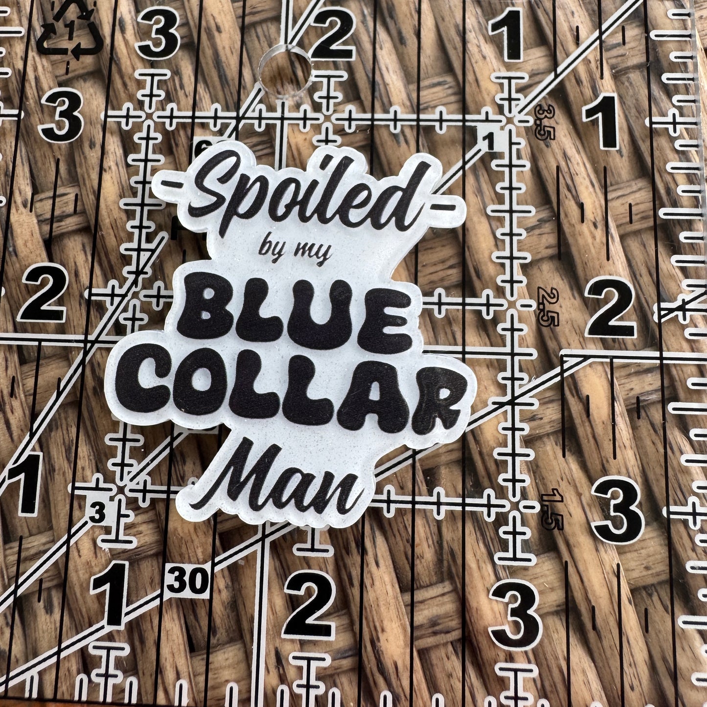 Spoiled By my Blue Collar Man Glitter Flatback, Cheetah Print, Heart, Single Pc.