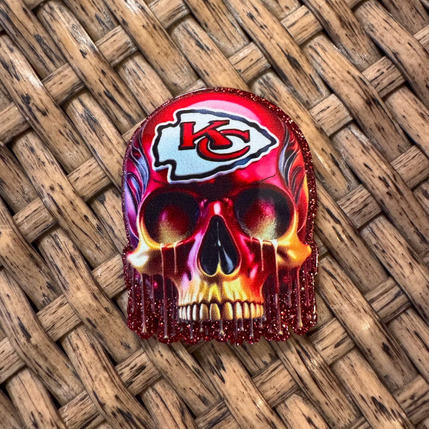 KC Chiefs Skull Acrylic Flatback,  Planar, Cabochon, Single Pc. Faded words