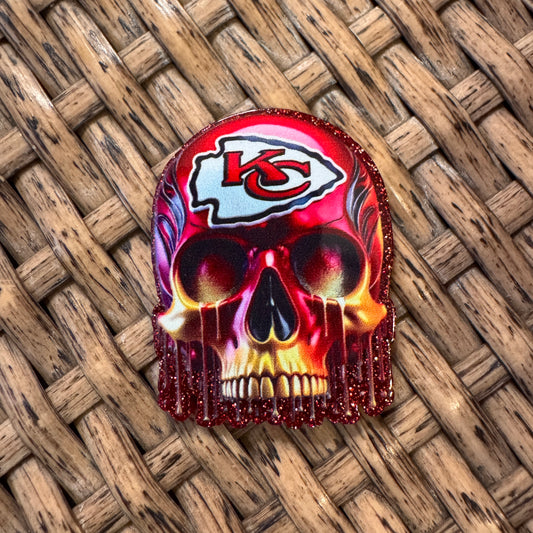 KC Chiefs Skull Acrylic Flatback,  Planar, Cabochon, Single Pc. Faded words
