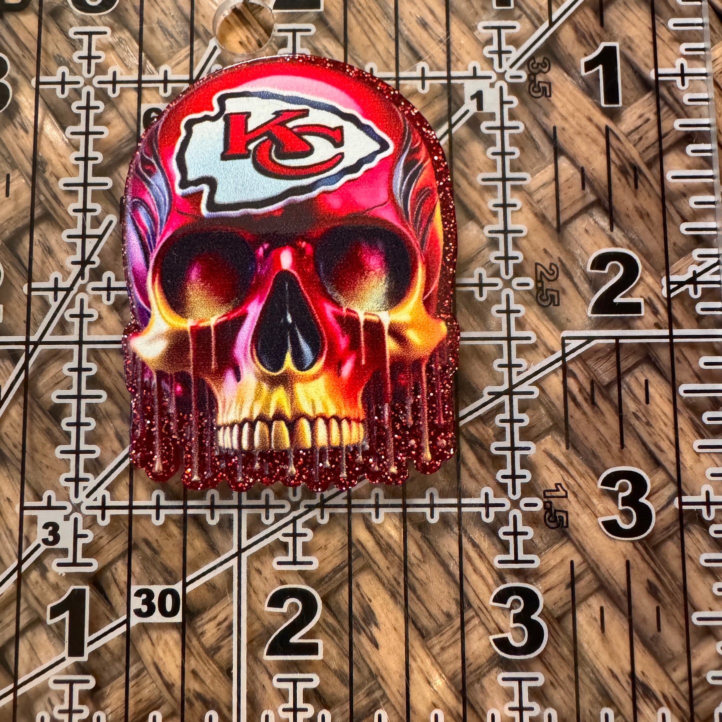 KC Chiefs Skull Acrylic Flatback,  Planar, Cabochon, Single Pc. Faded words