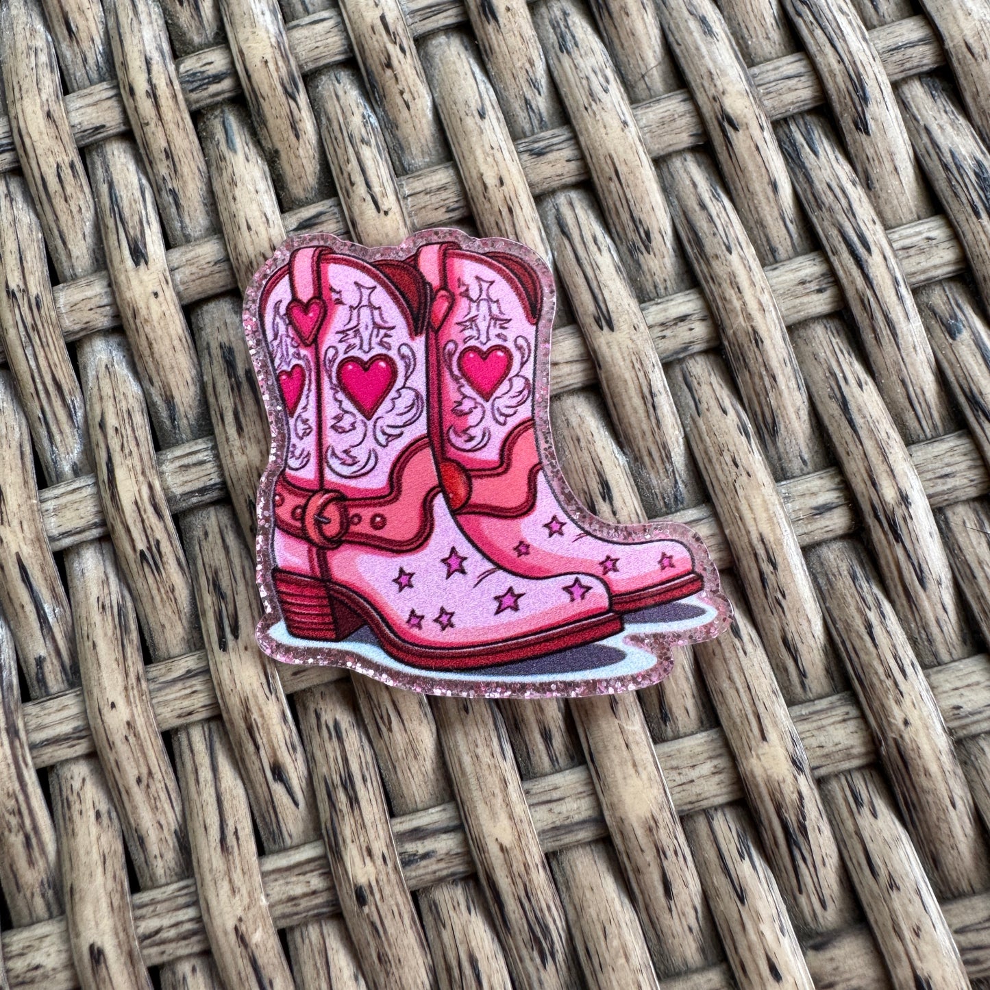 Pink Cowboy Boots Glitter Flatback, Cheetah Print, Heart, Single Pc.