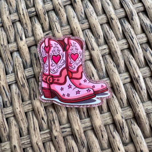 Pink Cowboy Boots Glitter Flatback, Cheetah Print, Heart, Single Pc.