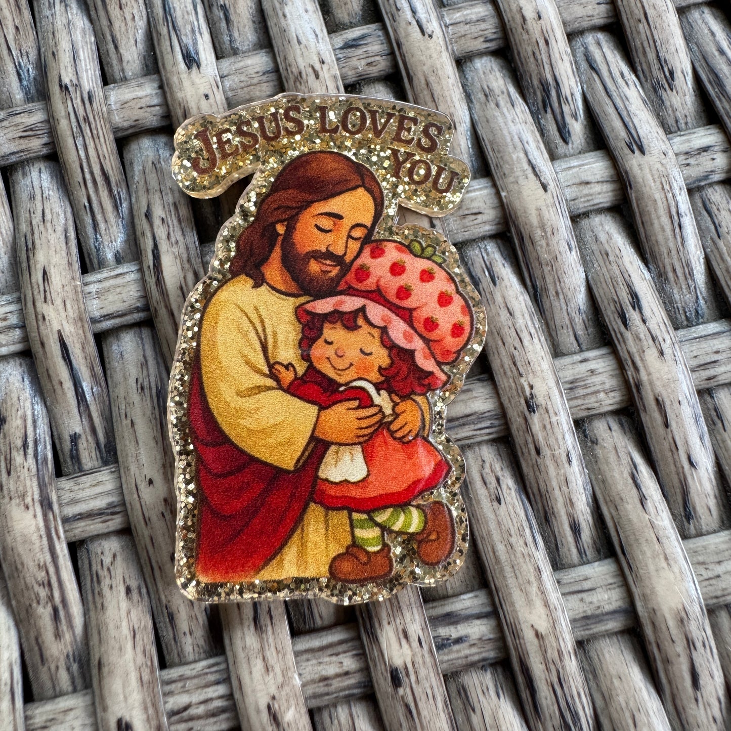 Jesus Loves Me Strawberry Shortcake- Glitter Flatback,  Single Pc.