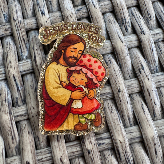 Jesus Loves Me Strawberry Shortcake- Glitter Flatback,  Single Pc.