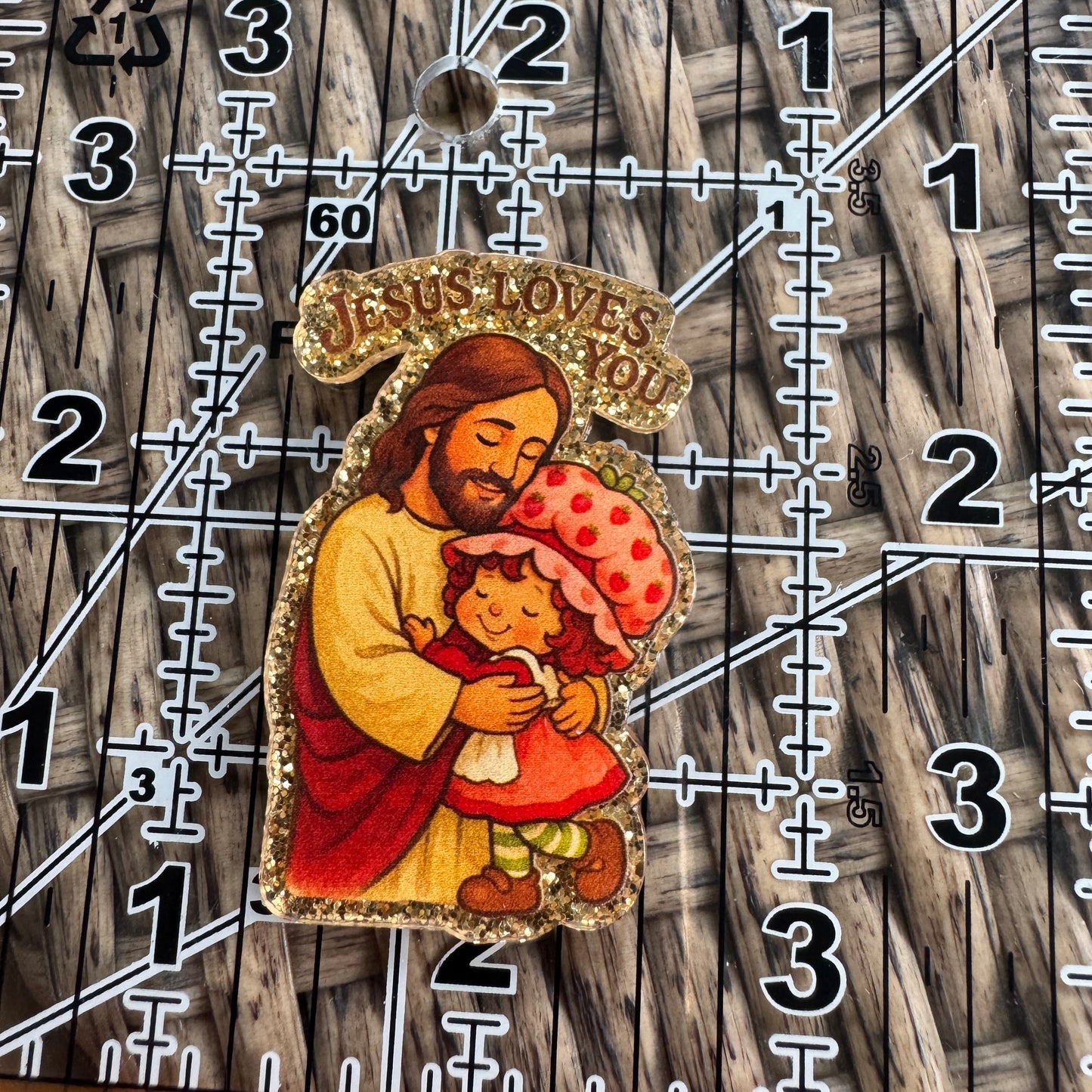 Jesus Loves Me Strawberry Shortcake- Glitter Flatback,  Single Pc.