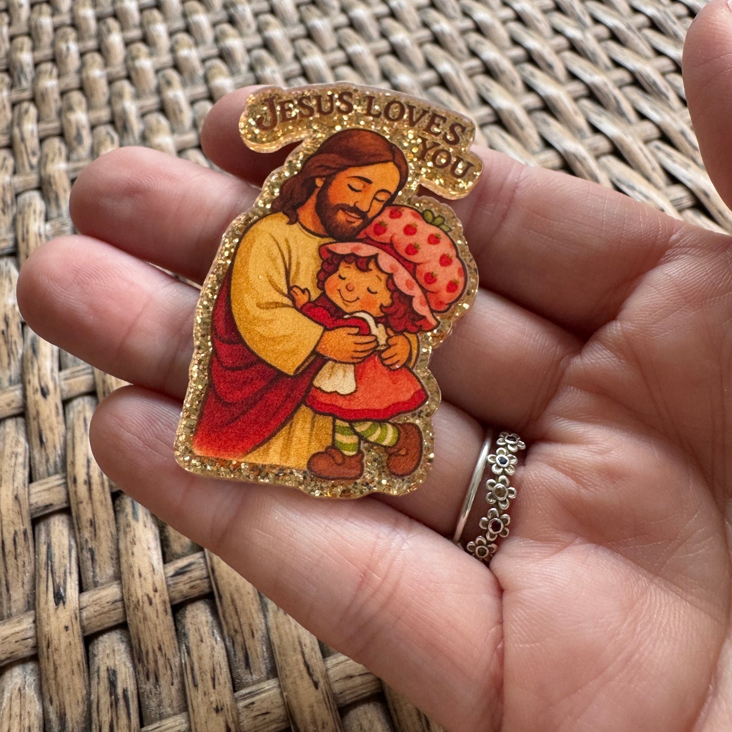 Jesus Loves Me Strawberry Shortcake- Glitter Flatback,  Single Pc.