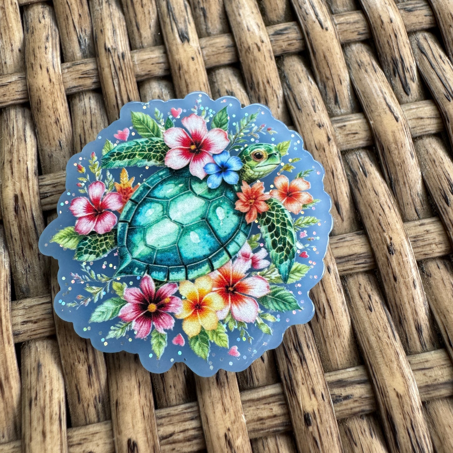 Sea Turtle and Flowers- Glitter Flatback,  Single Pc.