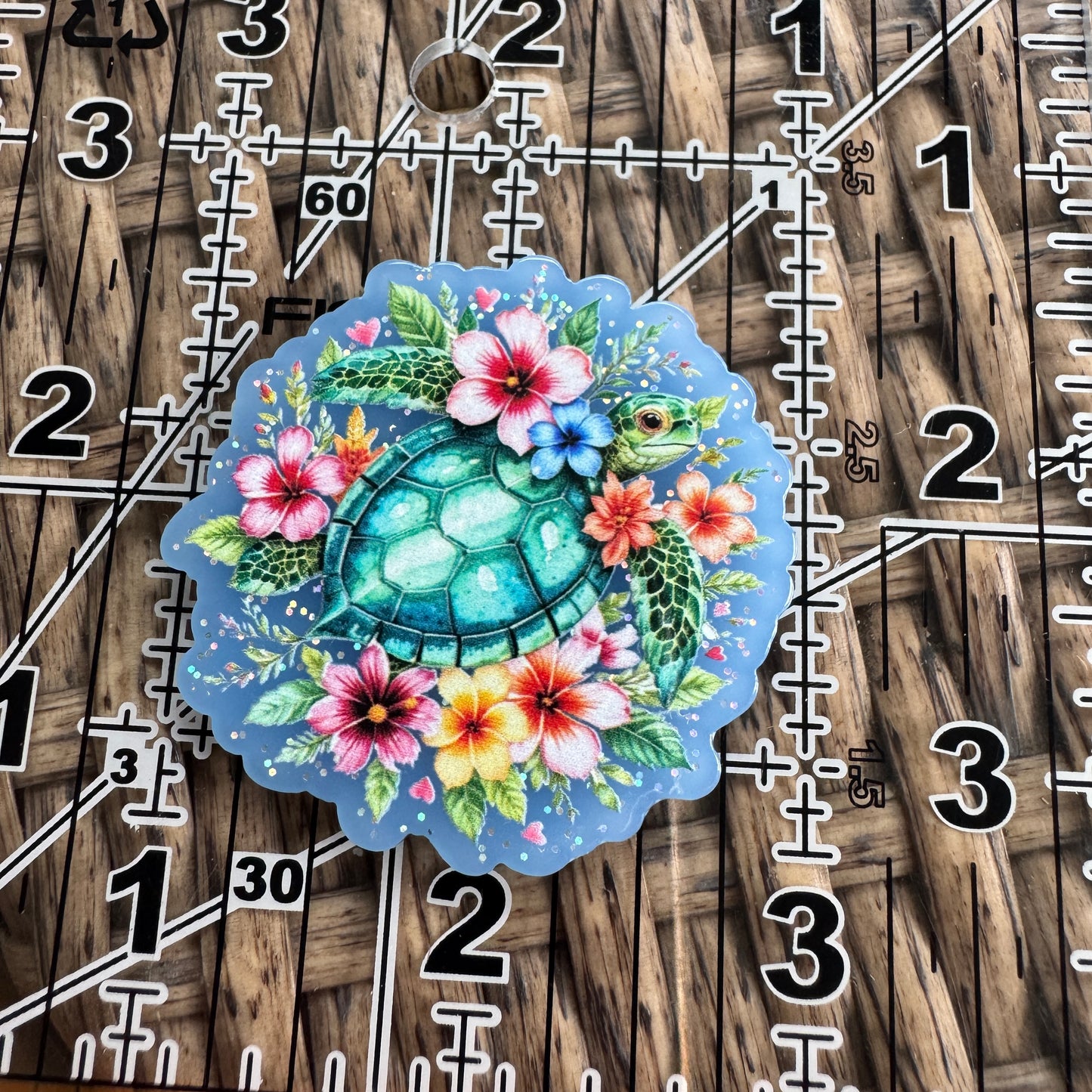 Sea Turtle and Flowers- Glitter Flatback,  Single Pc.