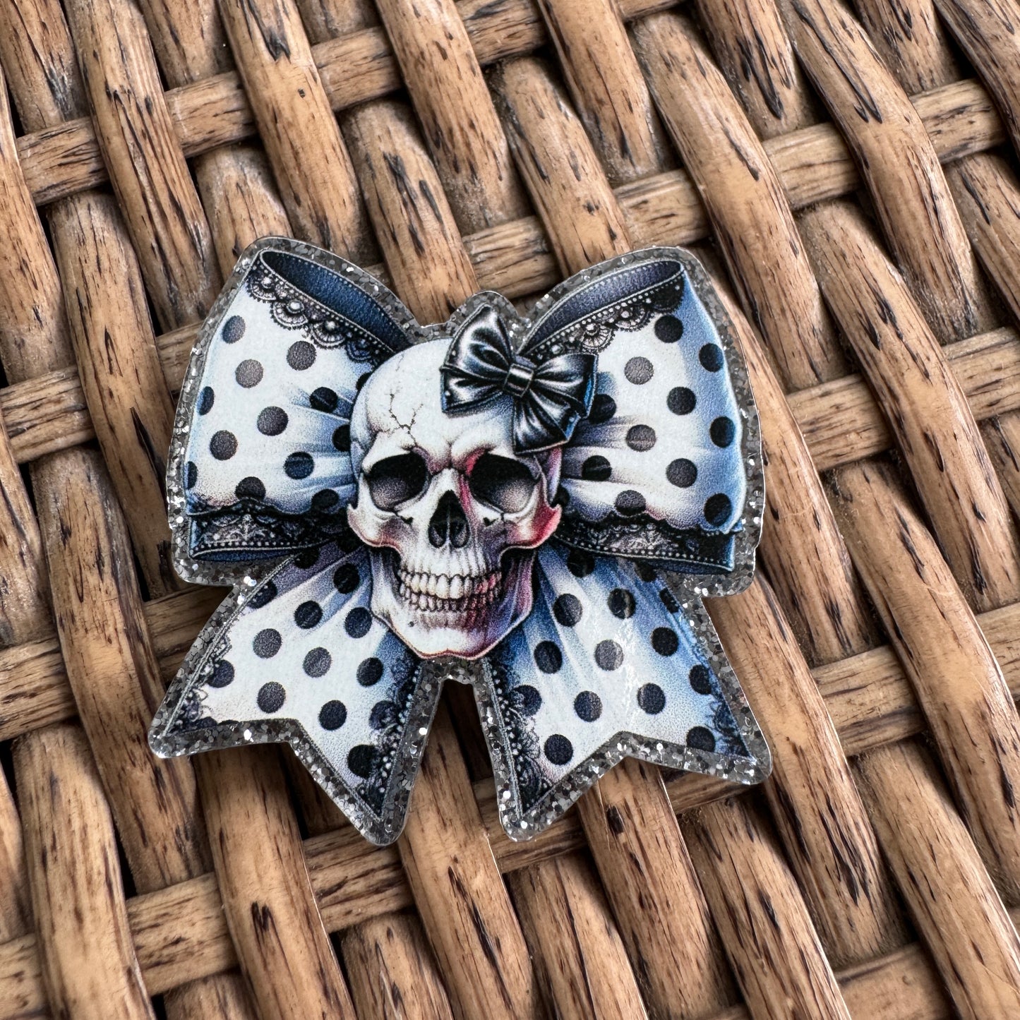 Skull and Bow Halloween- Glitter Flatback,  Single Pc.