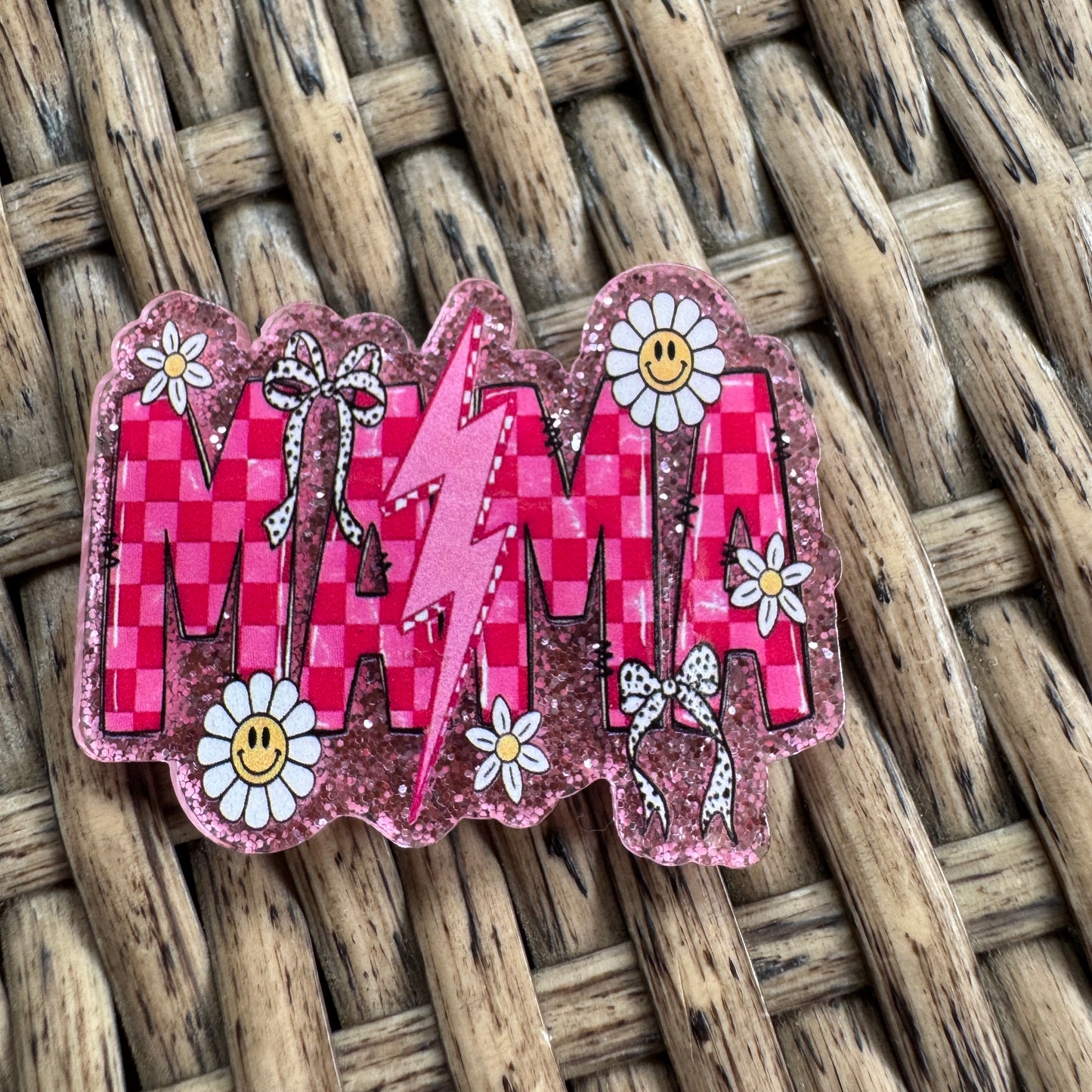 Mama, Checkered, Daisy, Lightning, Pink Flatback, Planar, Cabochon, Single Pc.