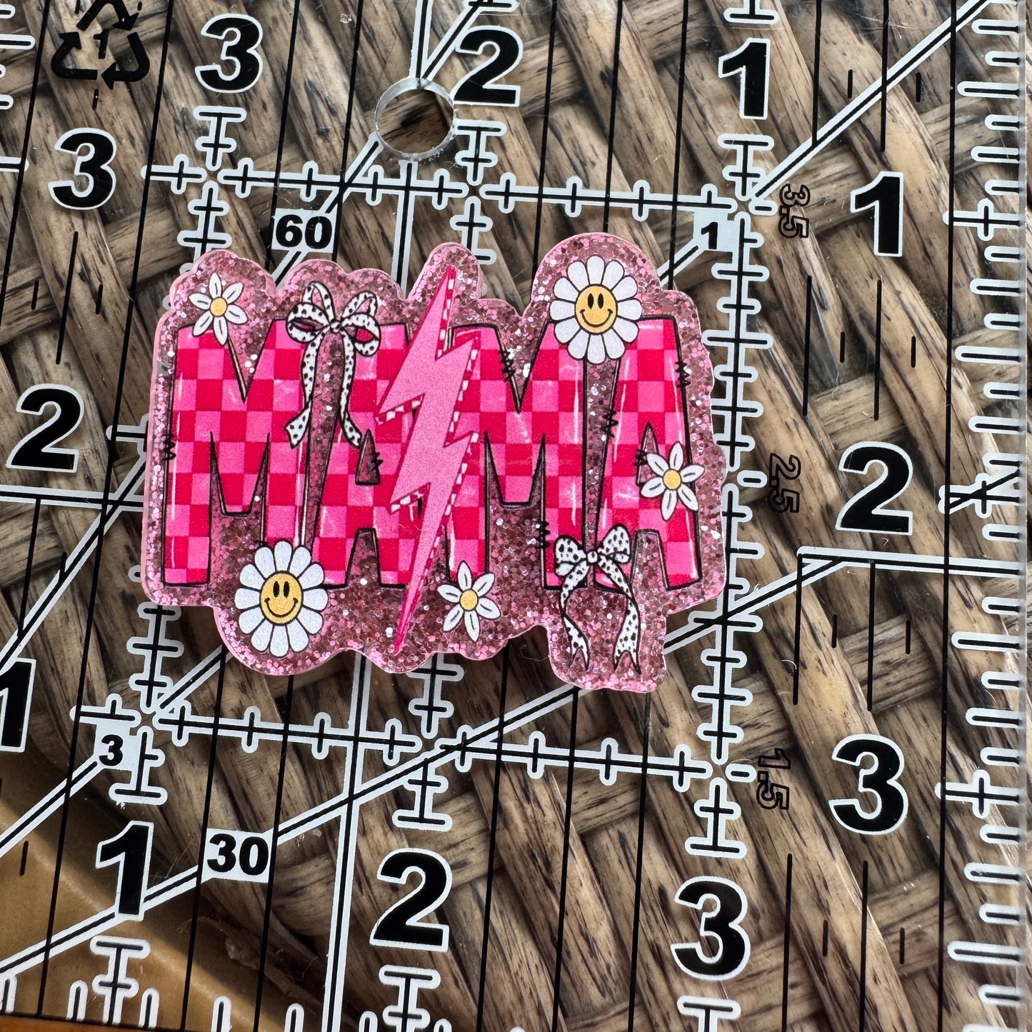 Mama, Checkered, Daisy, Lightning, Pink Flatback, Planar, Cabochon, Single Pc.