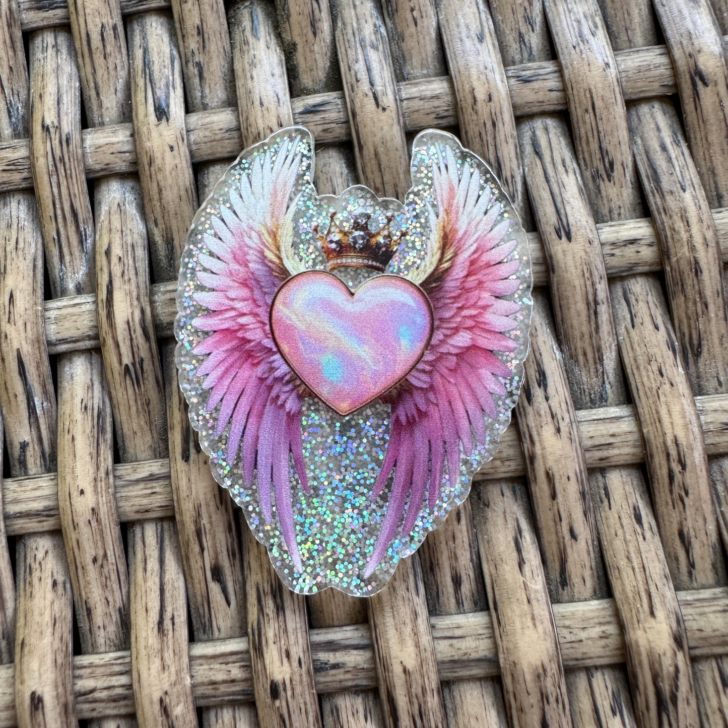 Wings with Heart and Crown, 2 dimensional, Acrylic Flatback Planar, Cabochon, Single Pc.