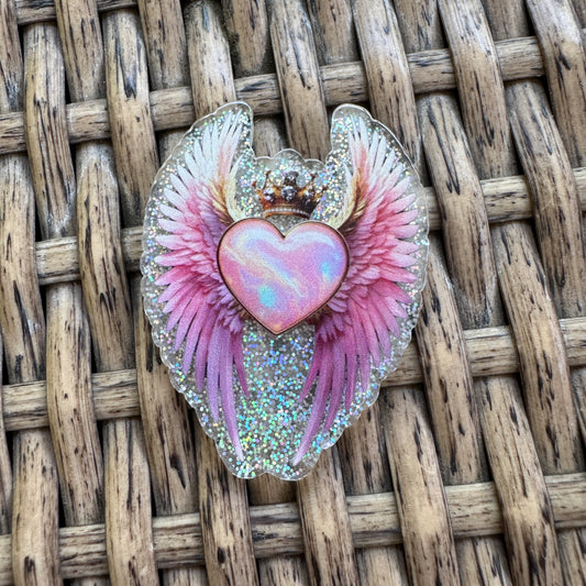 Wings with Heart and Crown, 2 dimensional, Acrylic Flatback Planar, Cabochon, Single Pc.