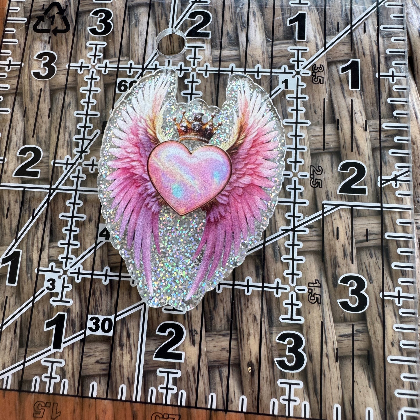 Wings with Heart and Crown, 2 dimensional, Acrylic Flatback Planar, Cabochon, Single Pc.