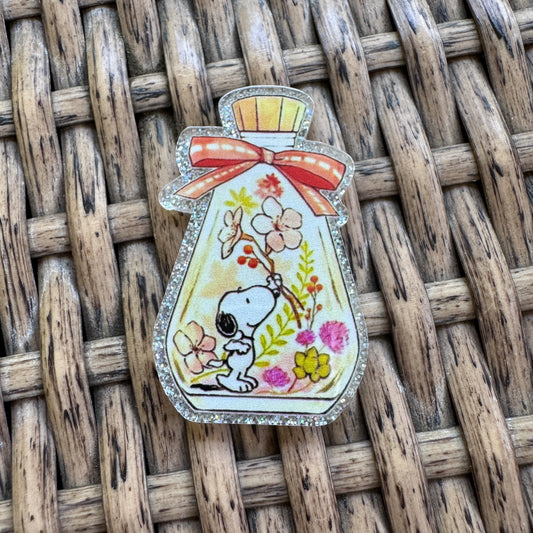 Snoopy in a bottle with flowers Acrylic Flatback Planar, Cabochon, Single Pc.