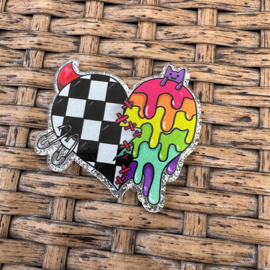 Colorful Checkered heart.  Glitter Flatback, Planar, Cabochon, Single Pc