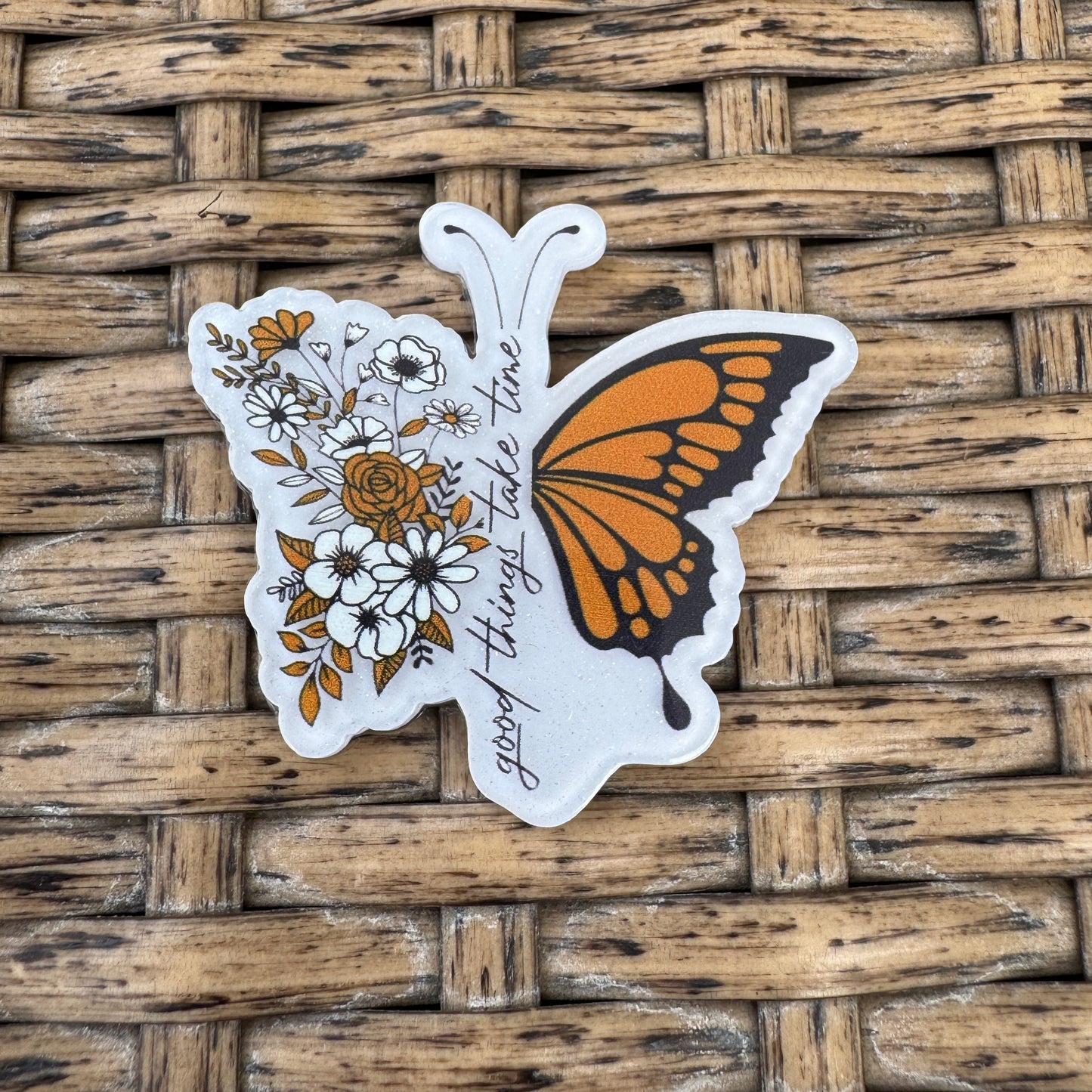 Good Things Take Time Butterfly with Flowers, Glitter Flatback, Planar, Cabochon, Single Pc