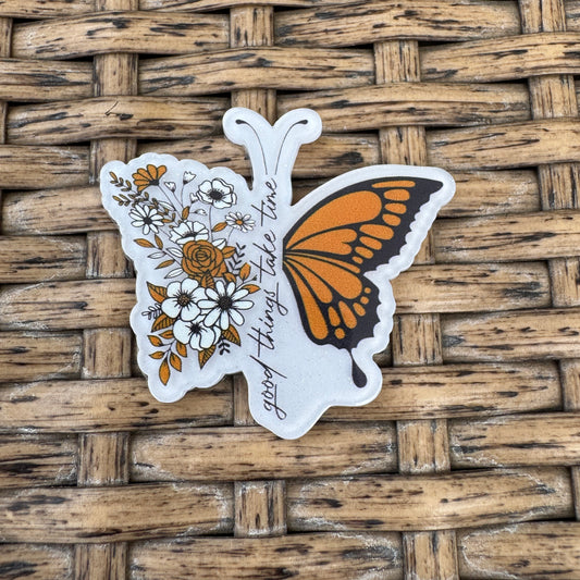 Good Things Take Time Butterfly with Flowers, Glitter Flatback, Planar, Cabochon, Single Pc