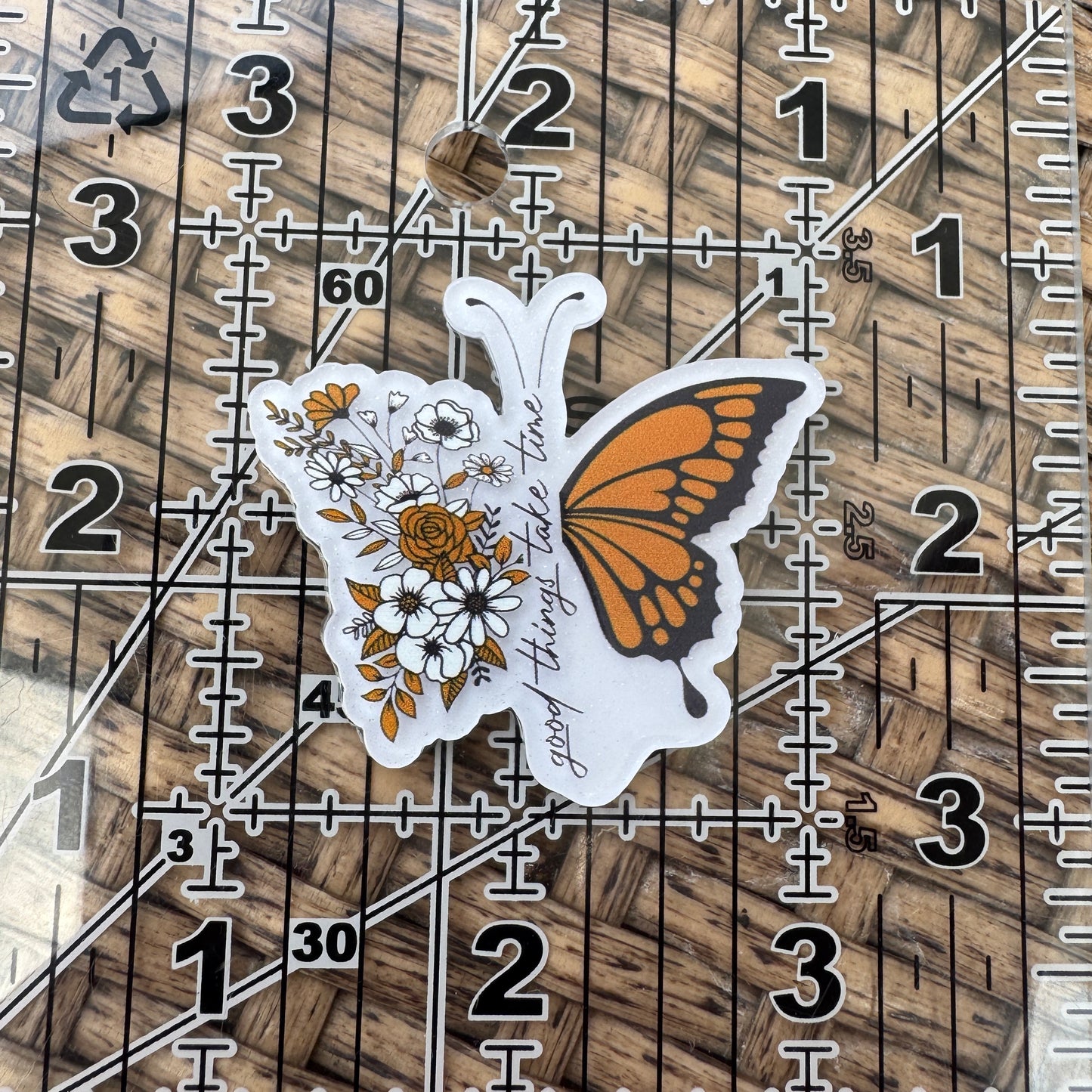 Good Things Take Time Butterfly with Flowers, Glitter Flatback, Planar, Cabochon, Single Pc