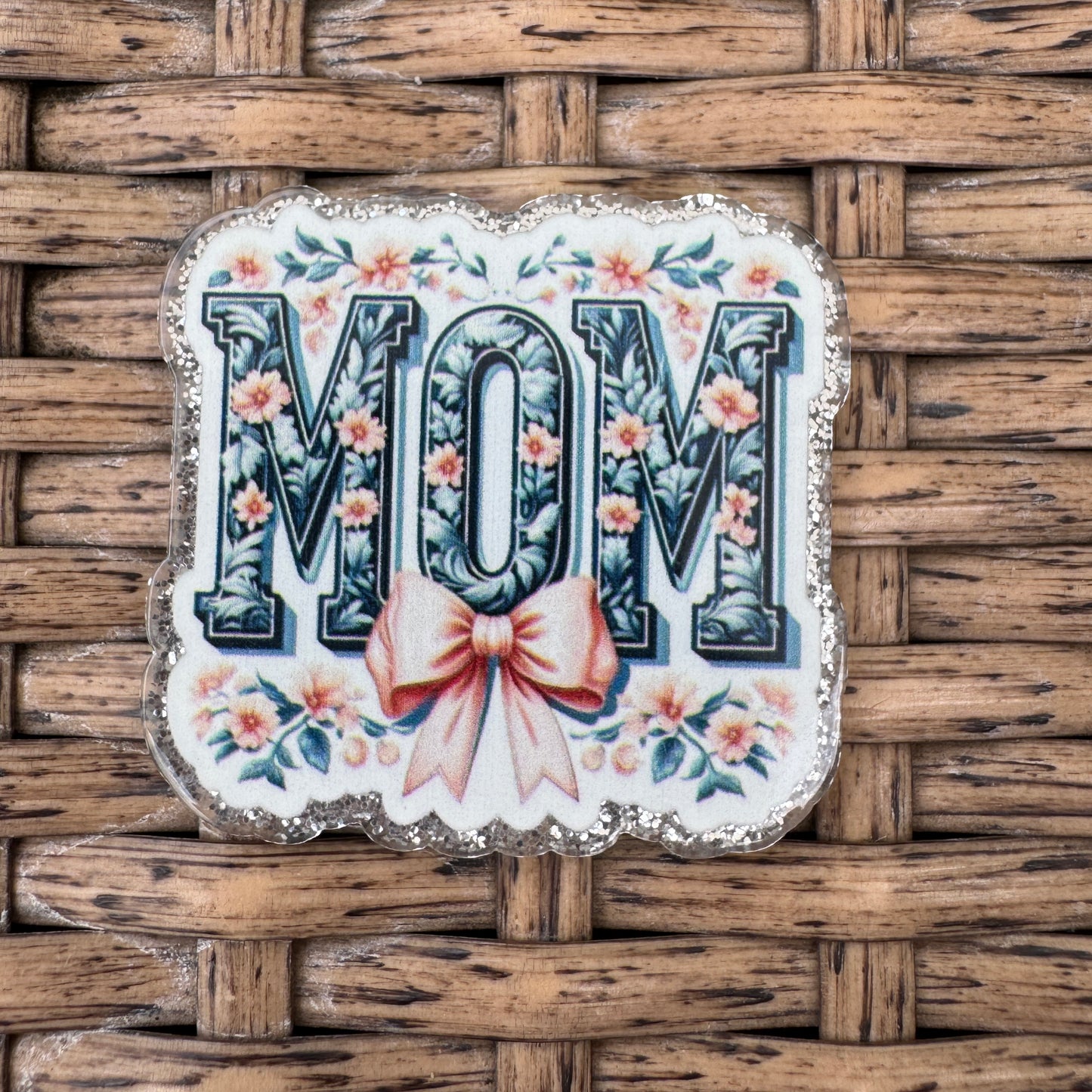 Mom, Floral with Bow, Taylor Swift, Glitter Flatback,  Planar, Cabochon, Single Pc