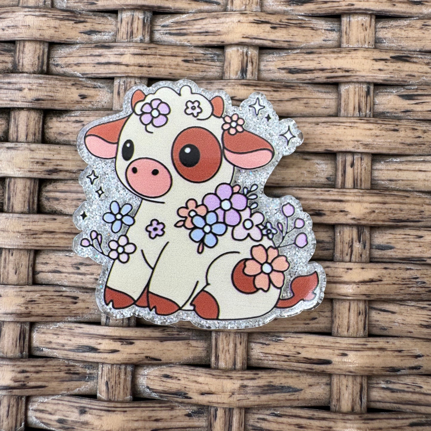 Cute Cow with flowers, Glitter Flatback,  Planar, Cabochon, Single Pc