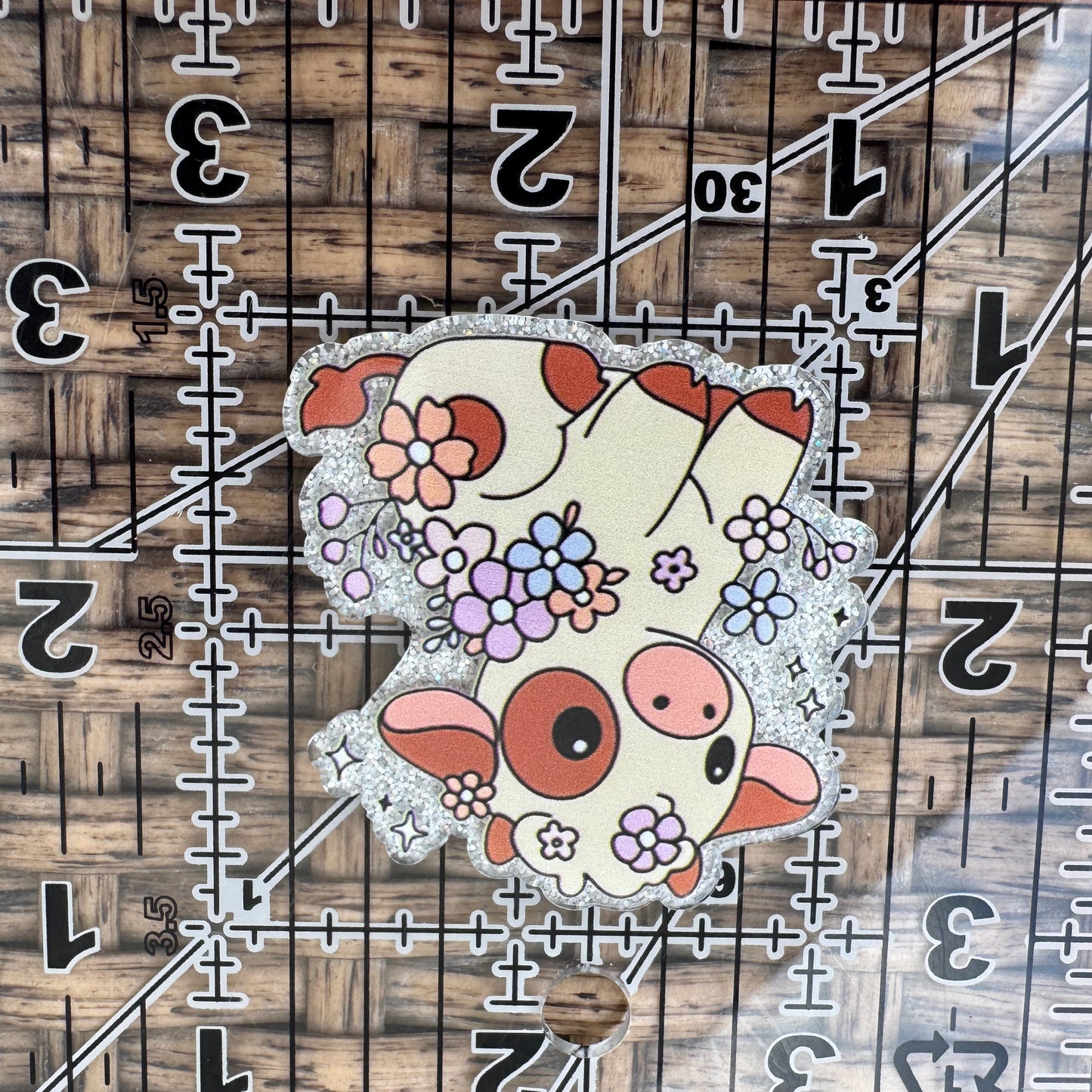Cute Cow with flowers, Glitter Flatback,  Planar, Cabochon, Single Pc