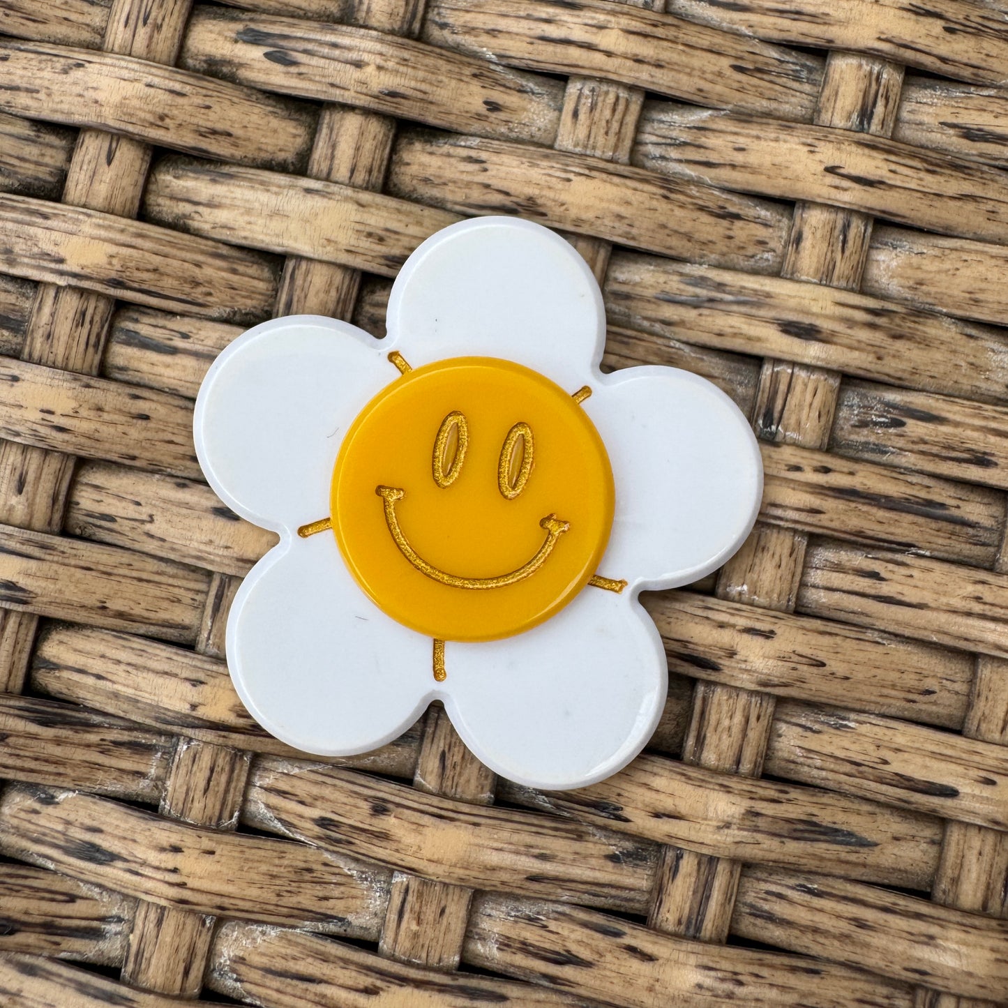 Smiley Face Daisy,  Glitter Flatback,  Planar, Cabochon, Single Pc