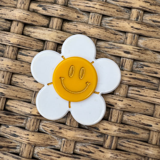 Smiley Face Daisy,  Glitter Flatback,  Planar, Cabochon, Single Pc