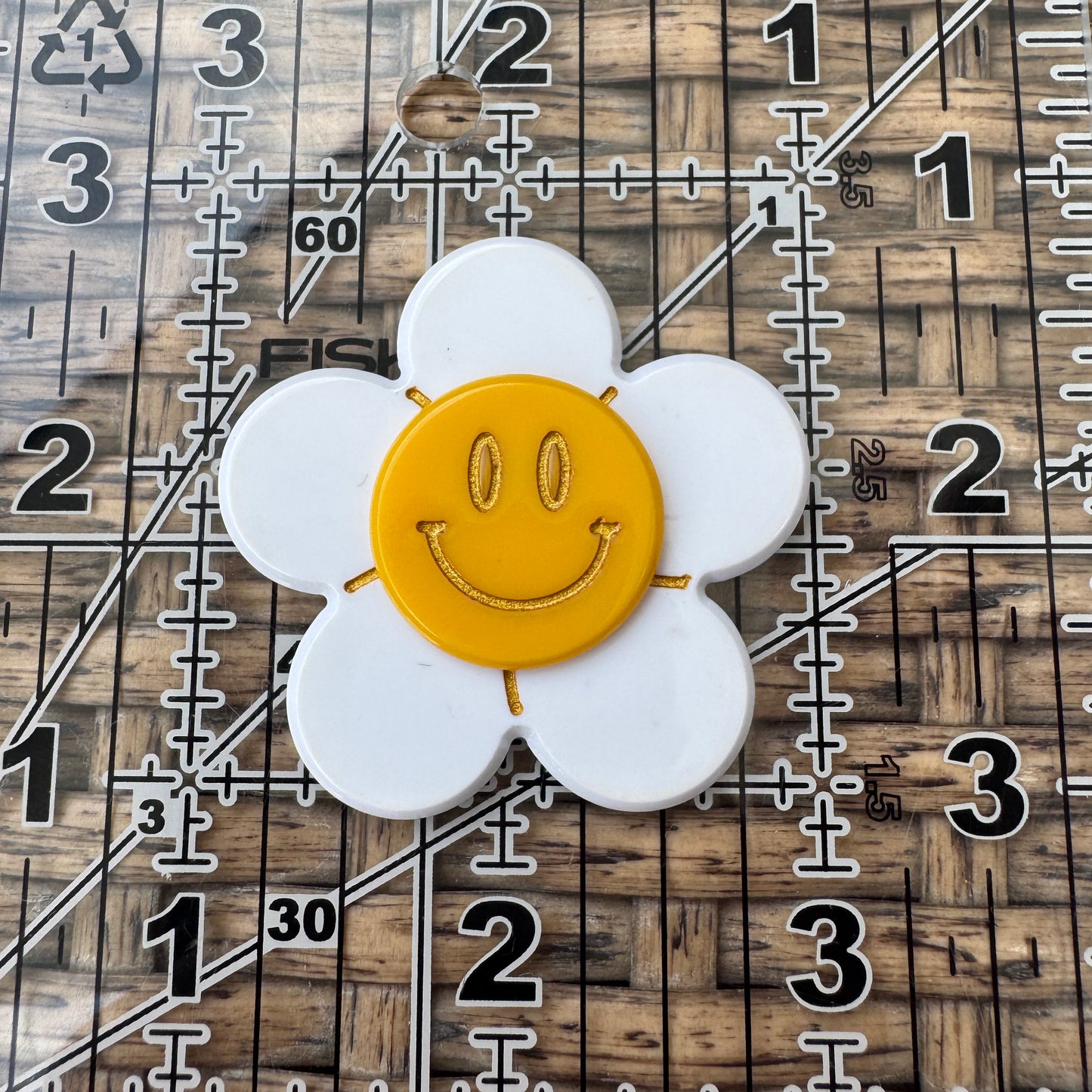 Smiley Face Daisy,  Glitter Flatback,  Planar, Cabochon, Single Pc